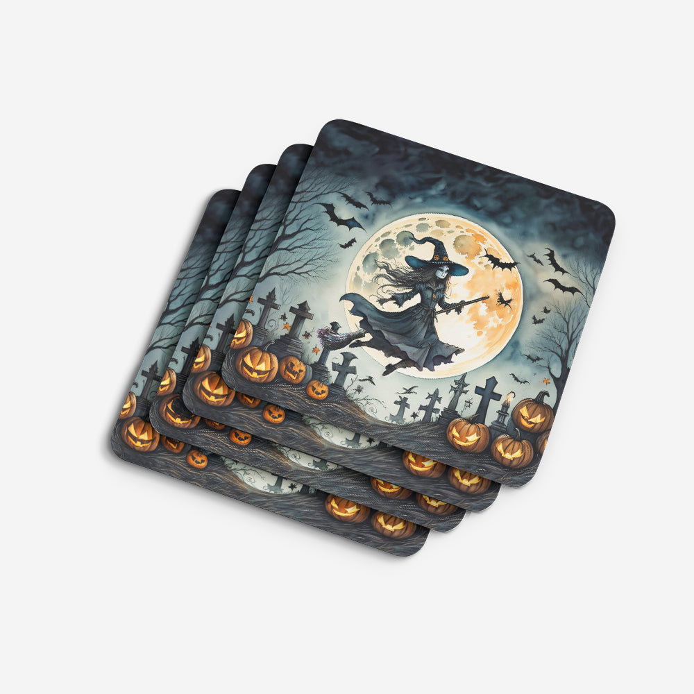 Flying Witch Spooky Halloween Foam Coasters Set of 4 Cup Coasters for Indoor Outdoor, Tabletop Protection, Anti Slip, Mouse pad Material