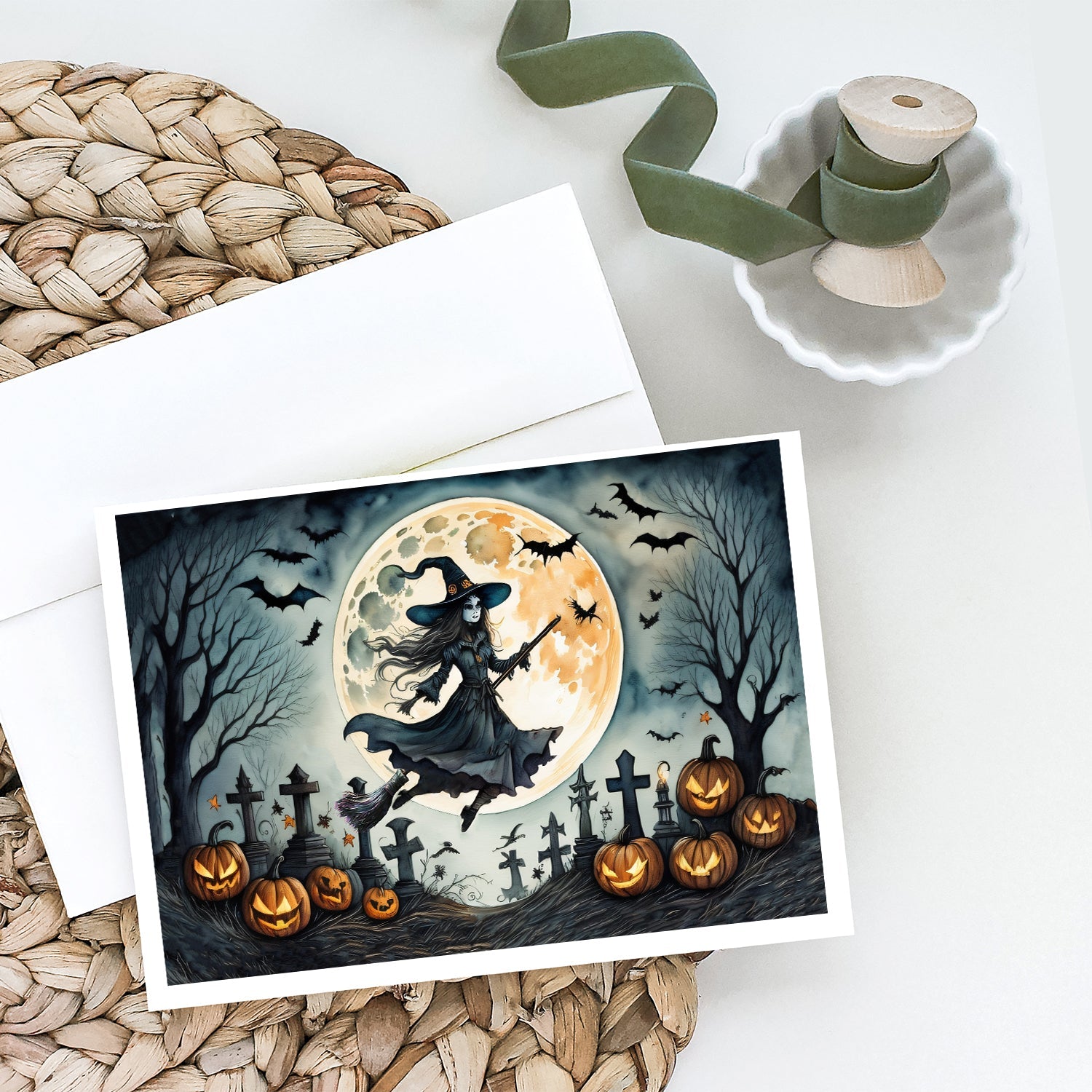 Flying Witch Spooky Halloween Greeting Cards Pack of 8 Blank Cards with Envelopes Whimsical A7 Size 5x7