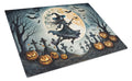 Flying Witch Spooky Halloween Cutting Board Tempered Glass Kitchen Cutting Surface, Heat Resistant Chopping, Non-Slip Feet, Food Prep & Serving