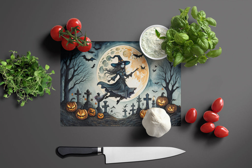Flying Witch Spooky Halloween Cutting Board Tempered Glass Kitchen Cutting Surface, Heat Resistant Chopping, Non-Slip Feet, Food Prep & Serving