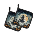 Flying Witch Spooky Halloween Pot Holder Set of 2 Heat Resistant Quilted Hot Pads 7.5 x 7.5 Inch, Insulated Kitchen Trivets for Cooking & Baking