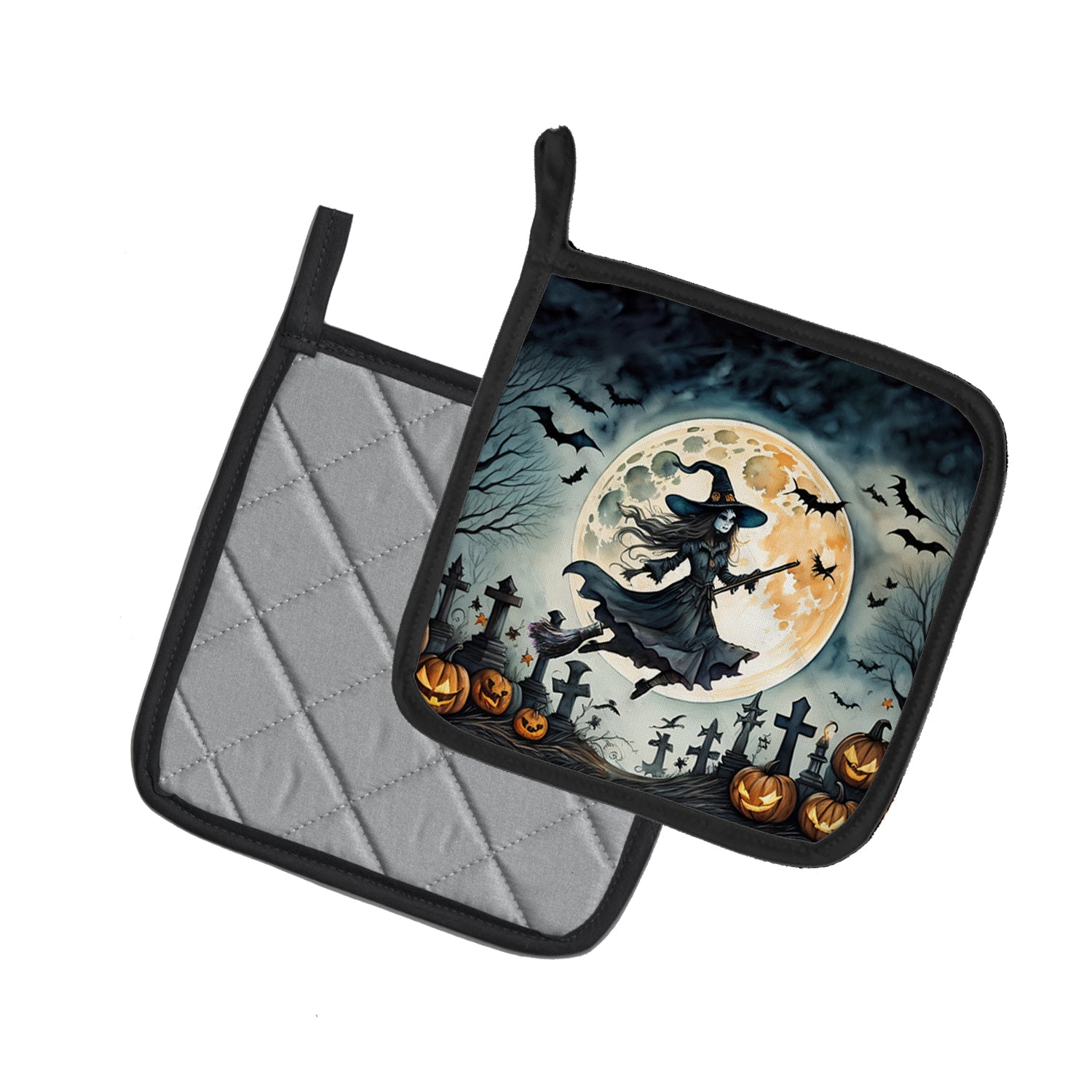 Flying Witch Spooky Halloween Pot Holder Set of 2 Heat Resistant Quilted Hot Pads 7.5 x 7.5 Inch, Insulated Kitchen Trivets for Cooking & Baking