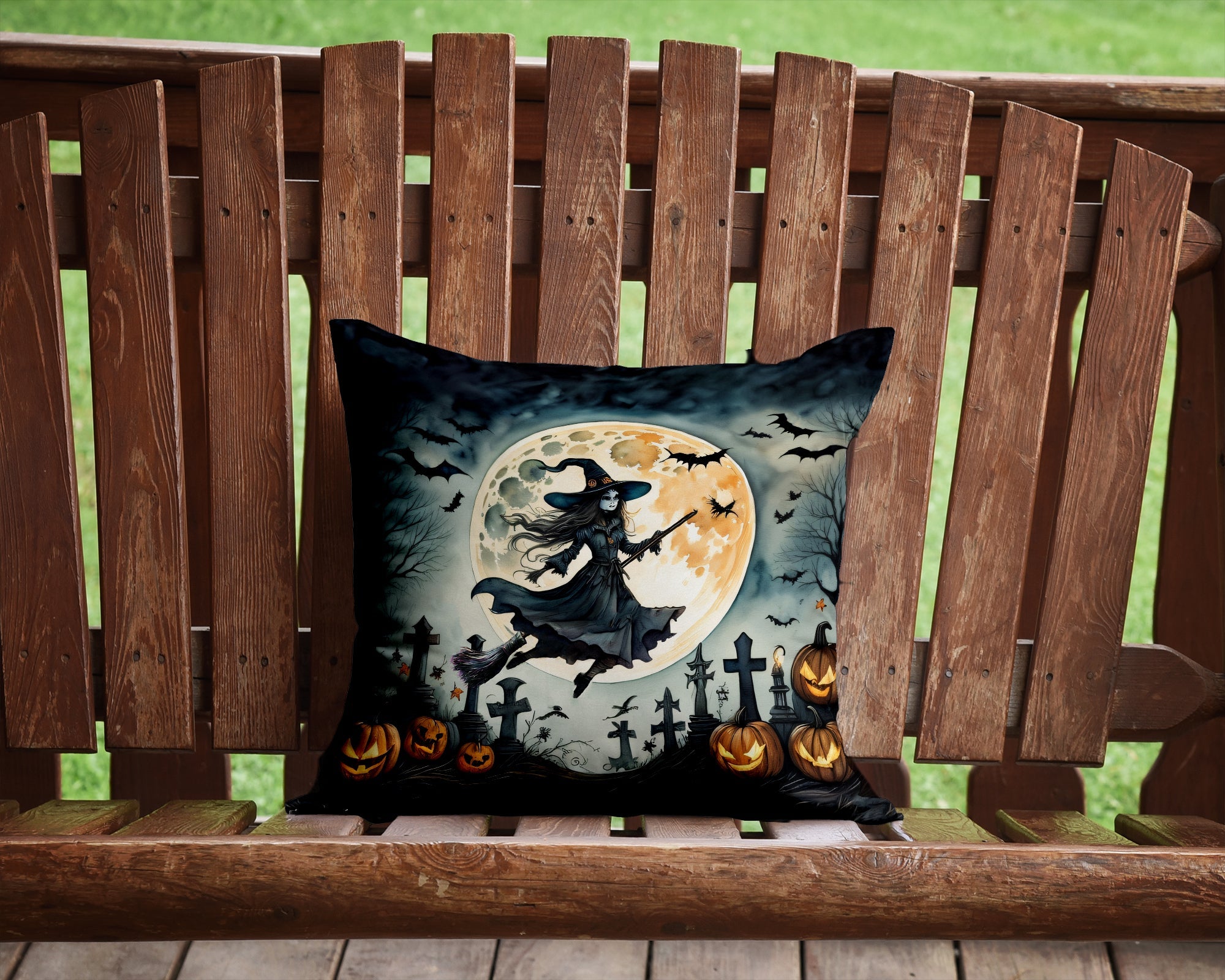 Flying Witch Spooky Halloween Decorative Throw Pillow 14x14 Indoor Outdoor Accent Cushion, Fabric Cover with Insert for Sofa, Bed, Porch & Living Room