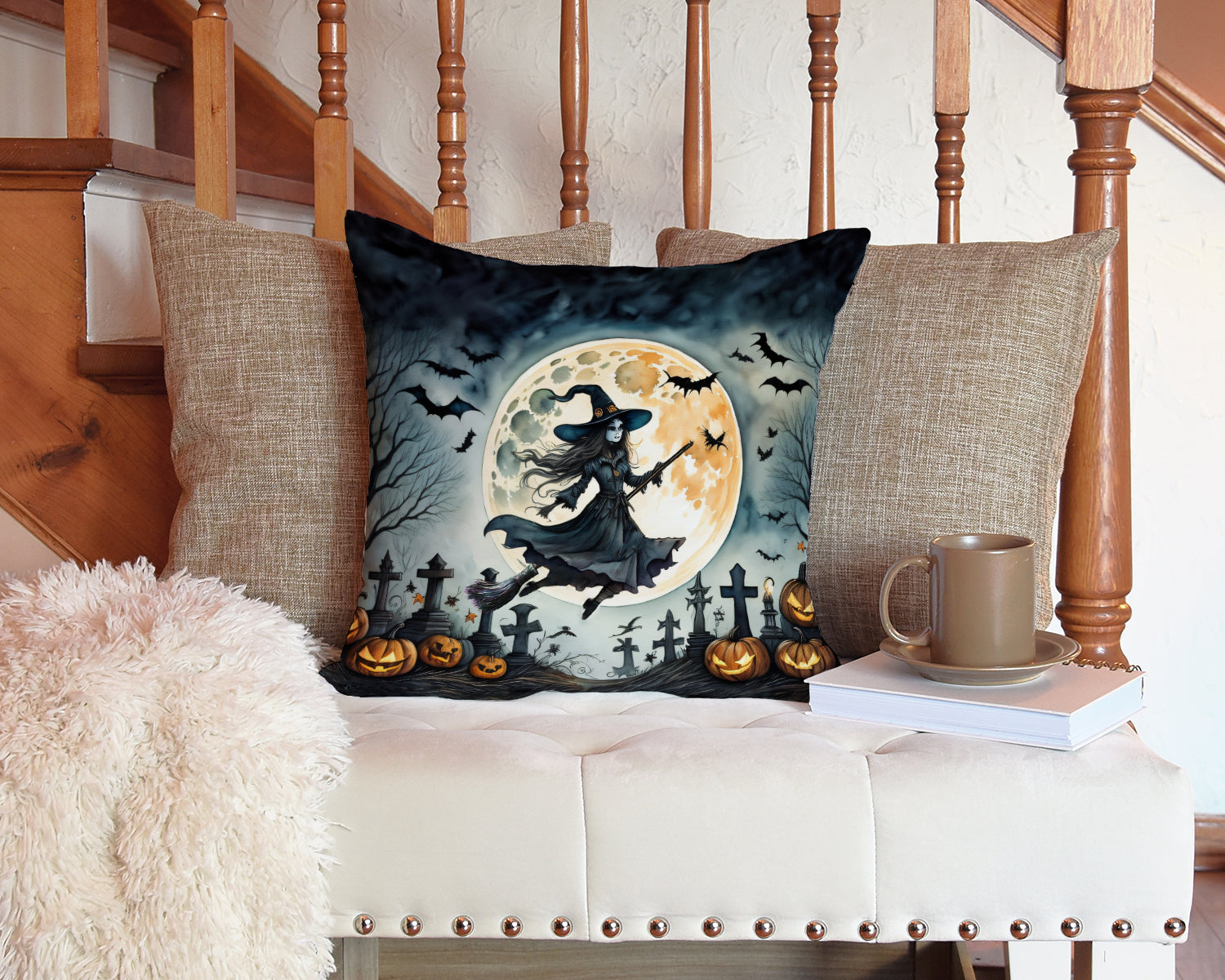 Flying Witch Spooky Halloween Decorative Throw Pillow 14x14 Indoor Outdoor Accent Cushion, Fabric Cover with Insert for Sofa, Bed, Porch & Living Room