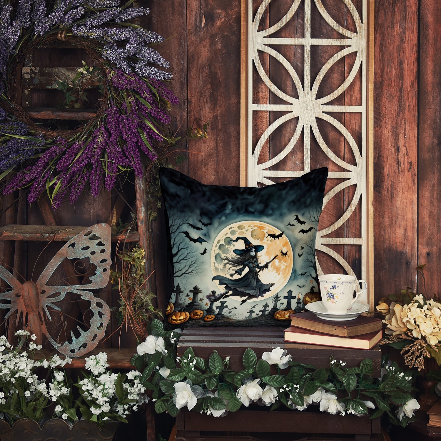 Flying Witch Spooky Halloween Decorative Throw Pillow 14x14 Indoor Outdoor Accent Cushion, Fabric Cover with Insert for Sofa, Bed, Porch & Living Room