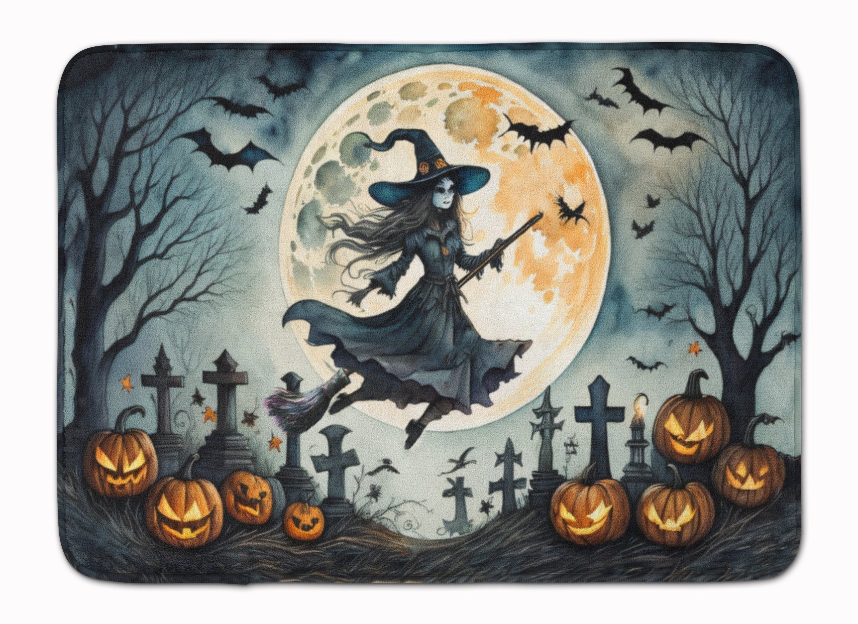 Flying Witch Spooky Halloween Memory Foam Kitchen Mat Machine Washable Anti-Fatigue Cushion Comfort Bath or Kitchen Rug