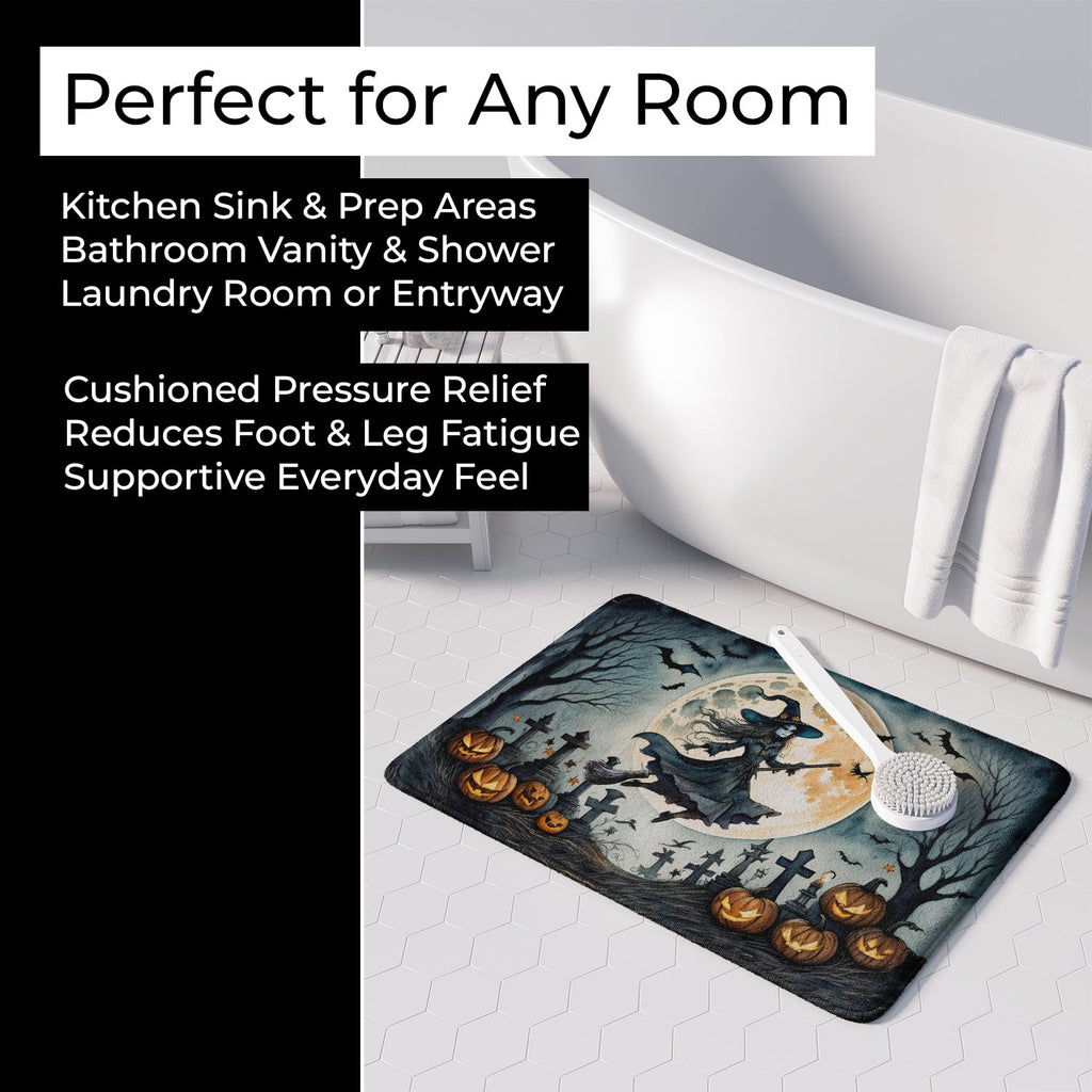 Flying Witch Spooky Halloween Memory Foam Kitchen Mat Machine Washable Anti-Fatigue Cushion Comfort Bath or Kitchen Rug