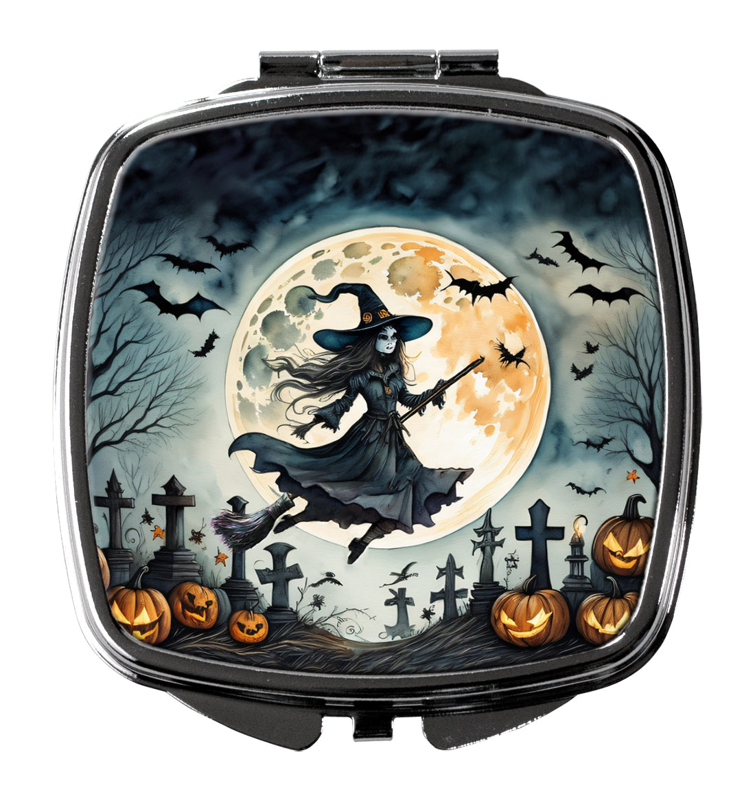 Flying Witch Spooky Halloween Compact Mirror Decorative Travel Makeup Mirror for Women Girls Gifts Pocket Makeup Mirror Folding Handheld