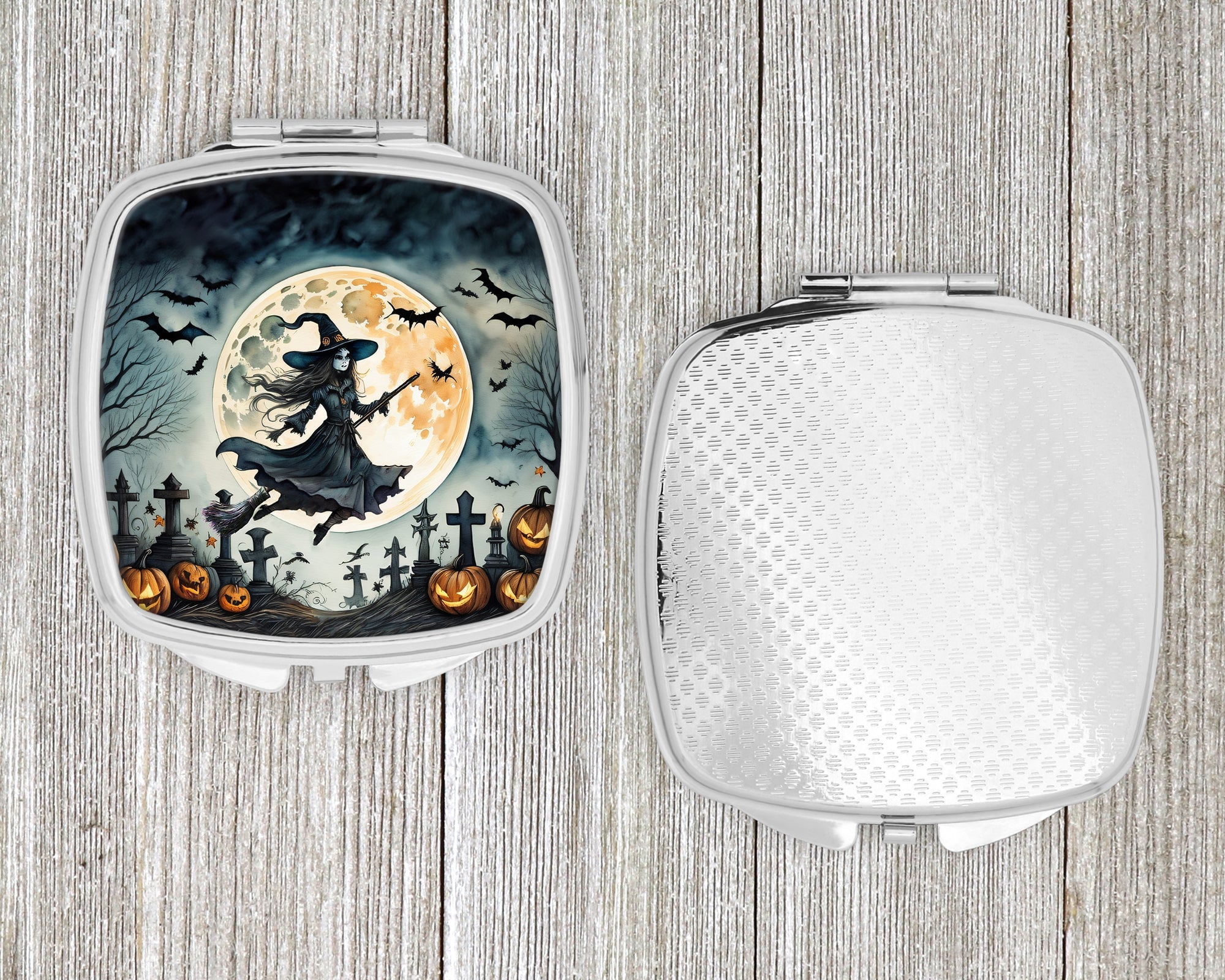 Flying Witch Spooky Halloween Compact Mirror Decorative Travel Makeup Mirror for Women Girls Gifts Pocket Makeup Mirror Folding Handheld