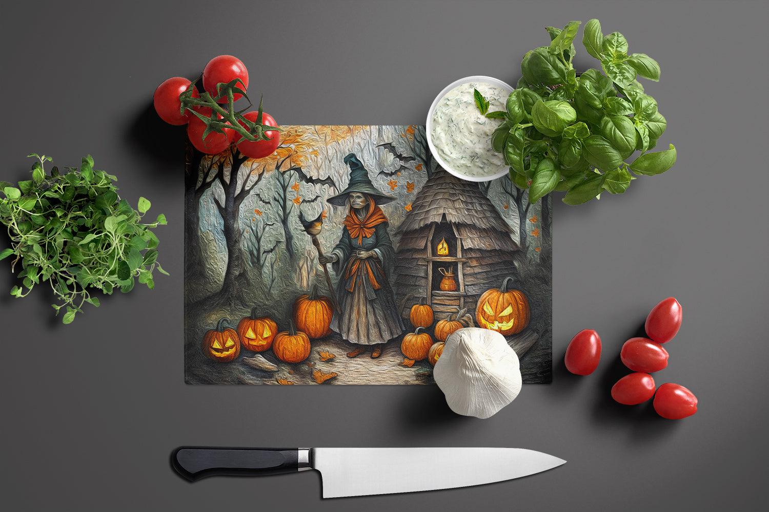 Slavic Witch Spooky Halloween Cutting Board Tempered Glass Kitchen Cutting Surface, Heat Resistant Chopping, Non-Slip Feet, Food Prep & Serving