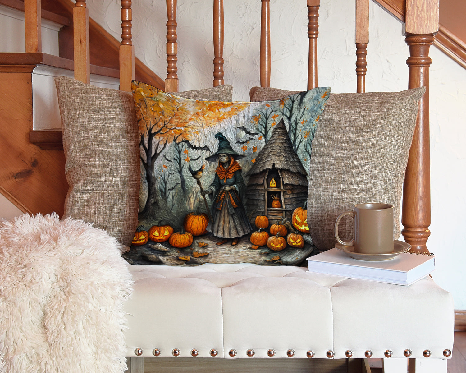 Slavic Witch Spooky Halloween Decorative Throw Pillow 14x14 Indoor Outdoor Accent Cushion, Fabric Cover with Insert for Sofa, Bed, Porch & Living Room