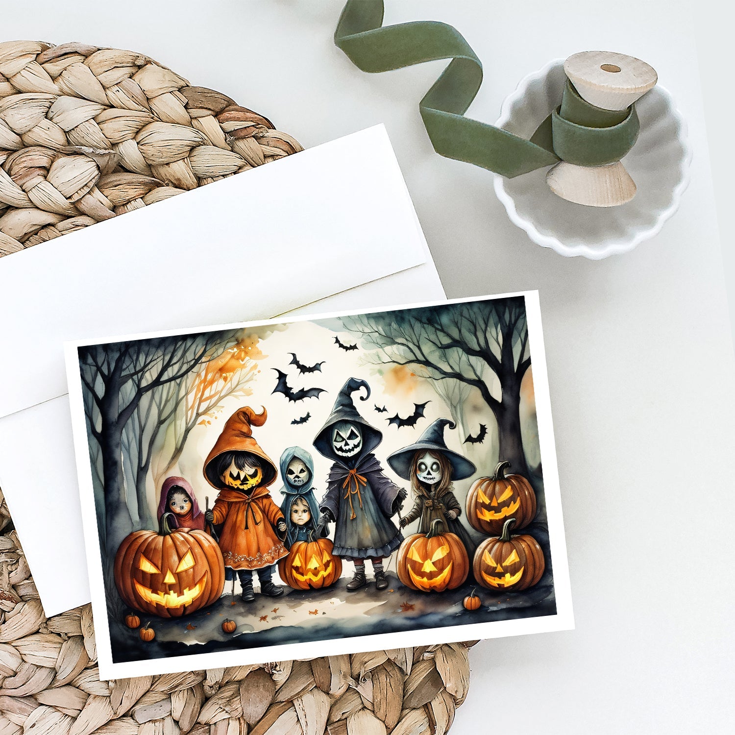 Trick or Treaters Spooky Halloween Greeting Cards Pack of 8 Blank Cards with Envelopes Whimsical A7 Size 5x7