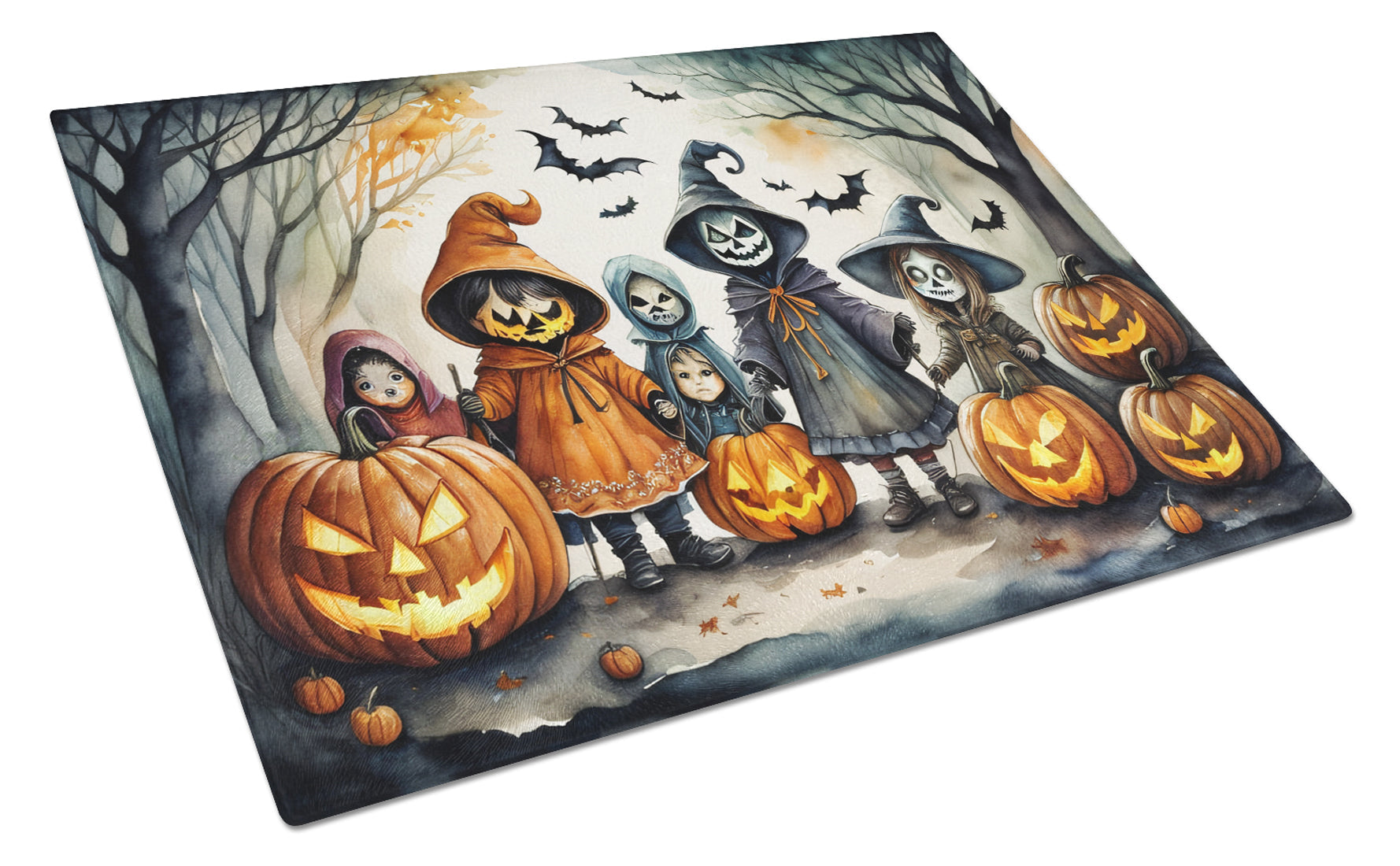 Trick or Treaters Spooky Halloween Cutting Board Tempered Glass Kitchen Cutting Surface, Heat Resistant Chopping, Non-Slip Feet, Food Prep & Serving