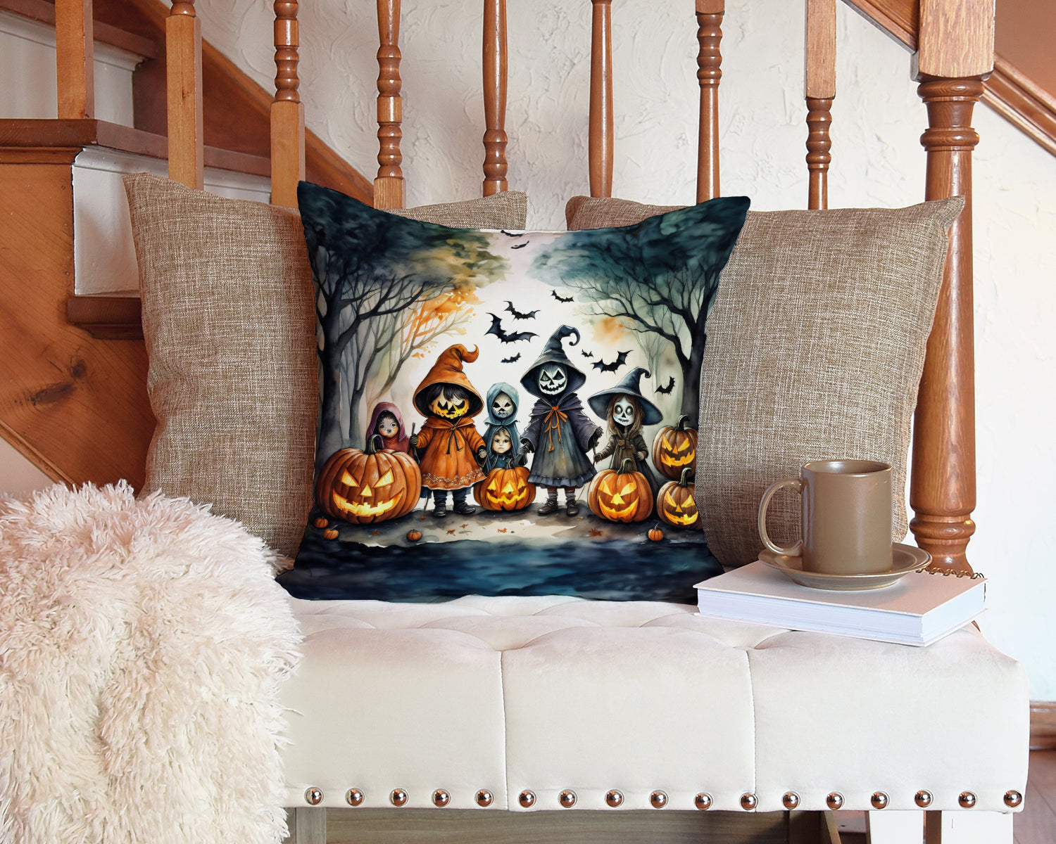 Trick or Treaters Spooky Halloween Decorative Throw Pillow 14x14 Indoor Outdoor Accent Cushion, Fabric Cover with Insert for Sofa, Bed, Porch & Living Room