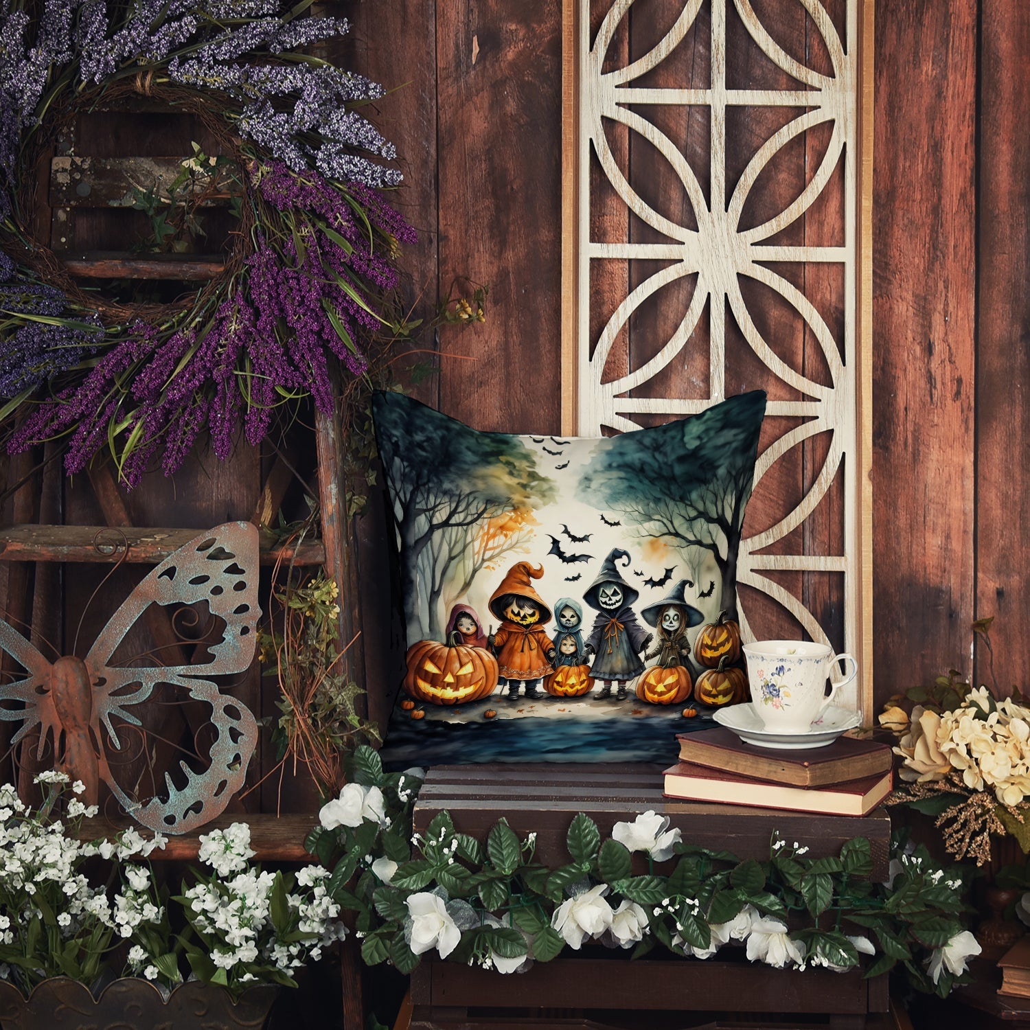 Trick or Treaters Spooky Halloween Decorative Throw Pillow 14x14 Indoor Outdoor Accent Cushion, Fabric Cover with Insert for Sofa, Bed, Porch & Living Room