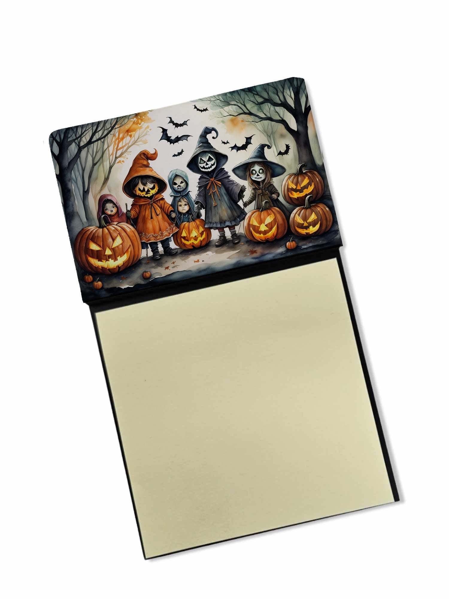 Trick or Treaters Spooky Halloween Watercolor Sticky Note Holder Refillable Dispenser Desk Accessory 3x3 Pad Gift