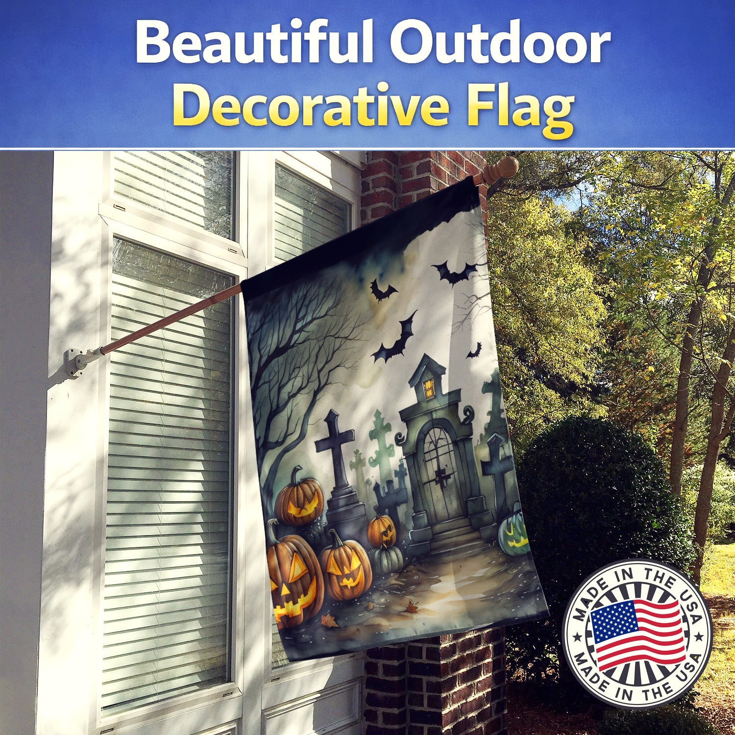 Graveyard Spooky Halloween House Flag 28x40 Porch Sleeve Pole Decorative Outside Yard Banner Artwork Wall Hanging, Polyester