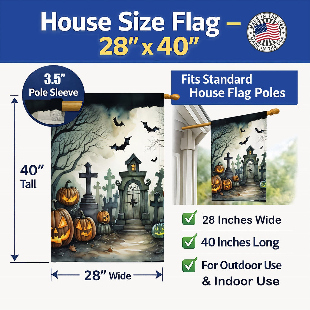 Graveyard Spooky Halloween House Flag 28x40 Porch Sleeve Pole Decorative Outside Yard Banner Artwork Wall Hanging, Polyester