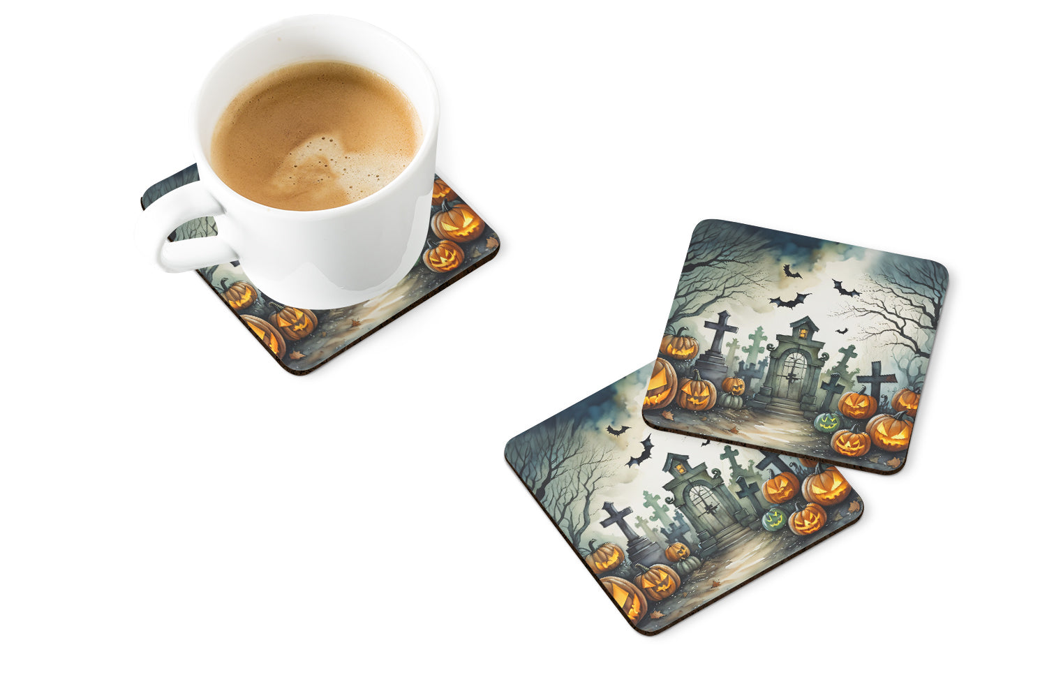 Graveyard Spooky Halloween Foam Coasters Set of 4 Cup Coasters for Indoor Outdoor, Tabletop Protection, Anti Slip, Mouse pad Material