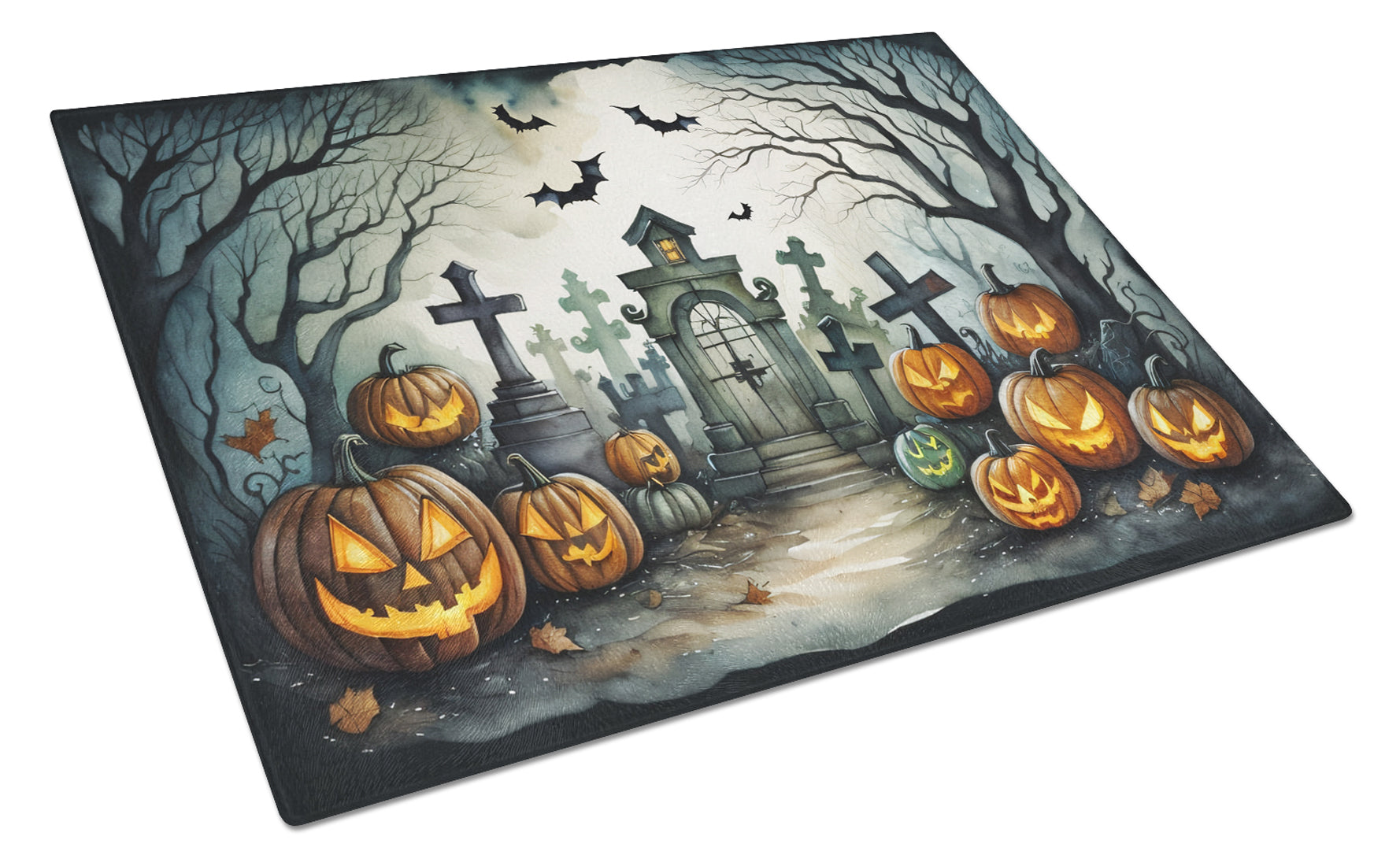 Graveyard Spooky Halloween Cutting Board Tempered Glass Kitchen Cutting Surface, Heat Resistant Chopping, Non-Slip Feet, Food Prep & Serving