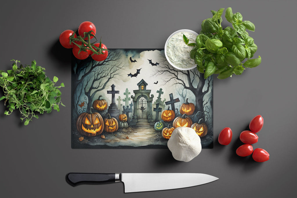 Graveyard Spooky Halloween Cutting Board Tempered Glass Kitchen Cutting Surface, Heat Resistant Chopping, Non-Slip Feet, Food Prep & Serving