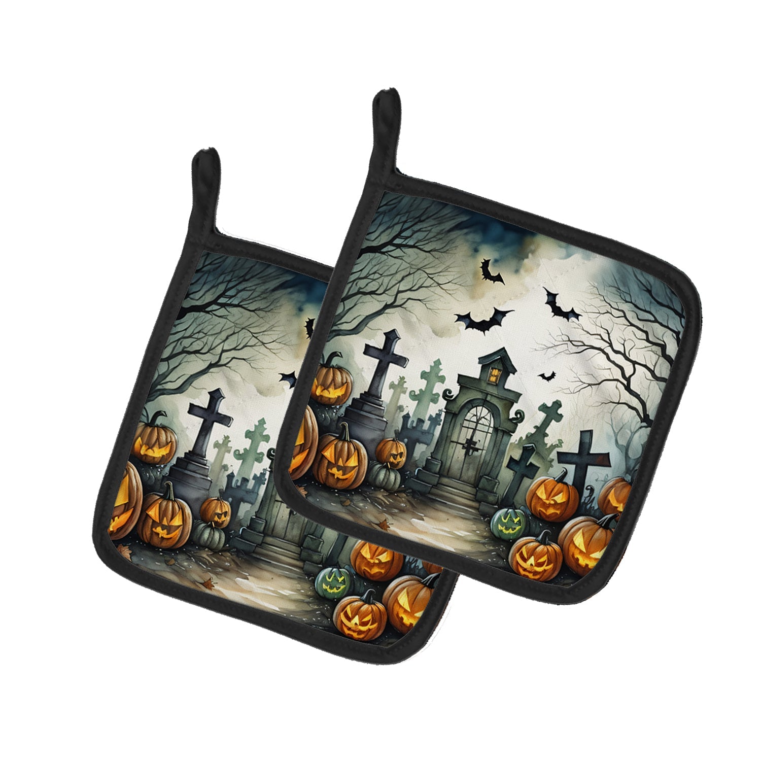 Graveyard Spooky Halloween Pot Holder Set of 2 Heat Resistant Quilted Hot Pads 7.5 x 7.5 Inch, Insulated Kitchen Trivets for Cooking & Baking