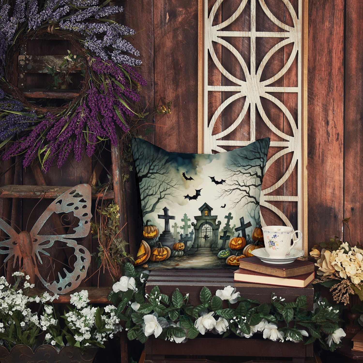 Graveyard Spooky Halloween Decorative Throw Pillow 14x14 Indoor Outdoor Accent Cushion, Fabric Cover with Insert for Sofa, Bed, Porch & Living Room