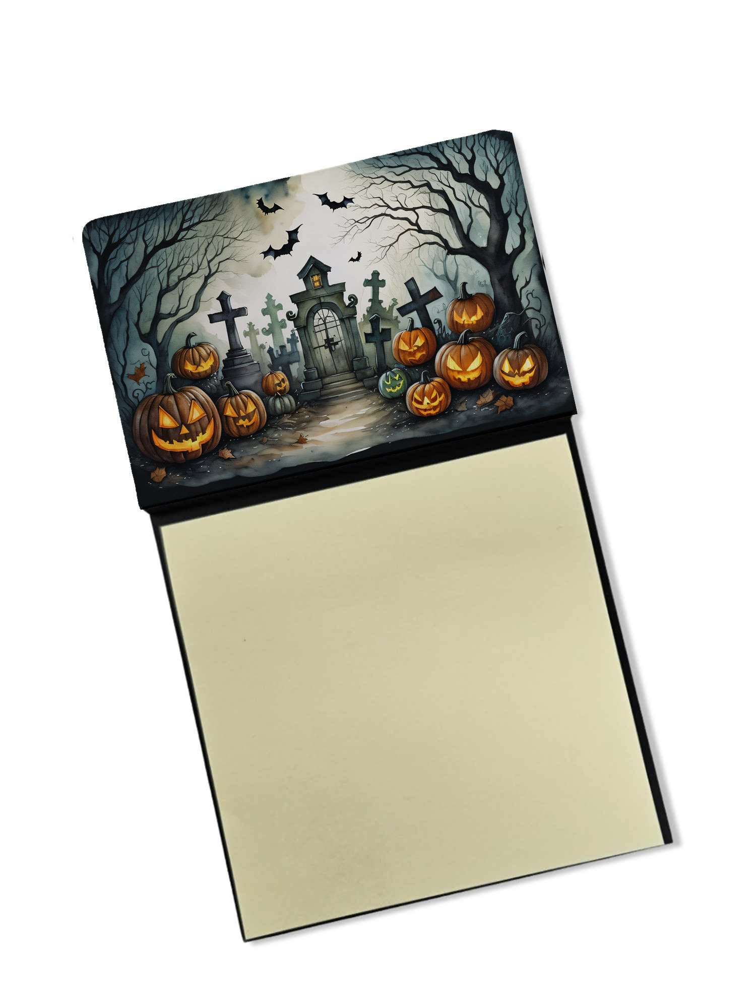 Graveyard Spooky Halloween Watercolor Sticky Note Holder Refillable Dispenser Desk Accessory 3x3 Pad Gift