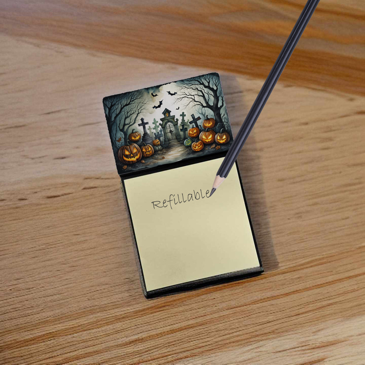 Graveyard Spooky Halloween Watercolor Sticky Note Holder Refillable Dispenser Desk Accessory 3x3 Pad Gift