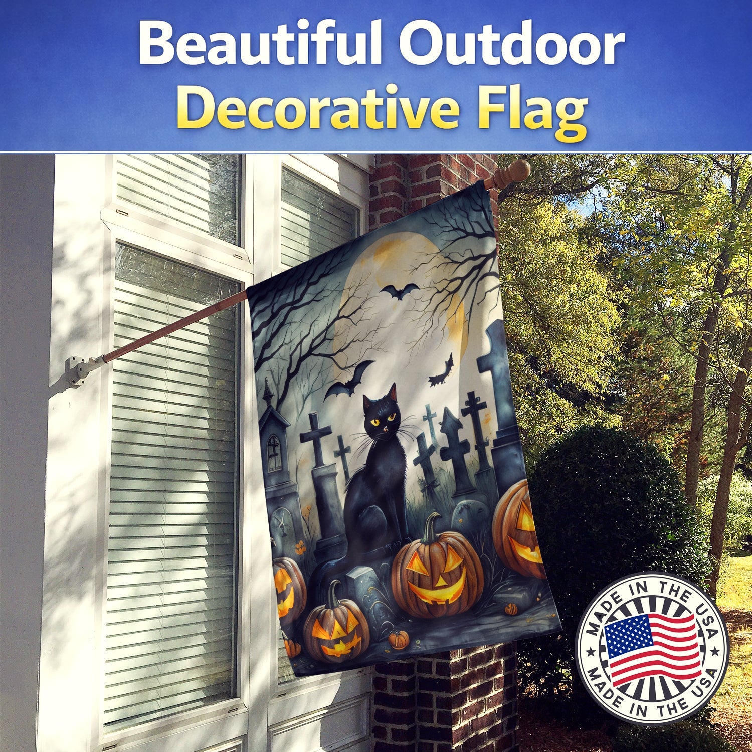 Black Cat Spooky Halloween House Flag 28x40 Porch Sleeve Pole Decorative Outside Yard Banner Artwork Wall Hanging, Polyester