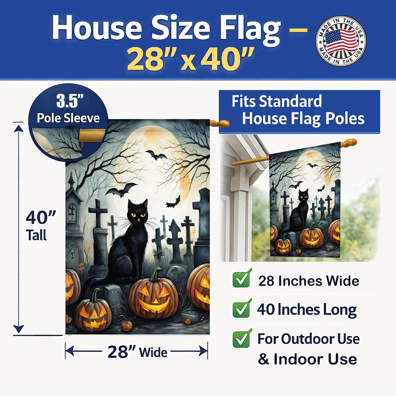 Black Cat Spooky Halloween House Flag 28x40 Porch Sleeve Pole Decorative Outside Yard Banner Artwork Wall Hanging, Polyester