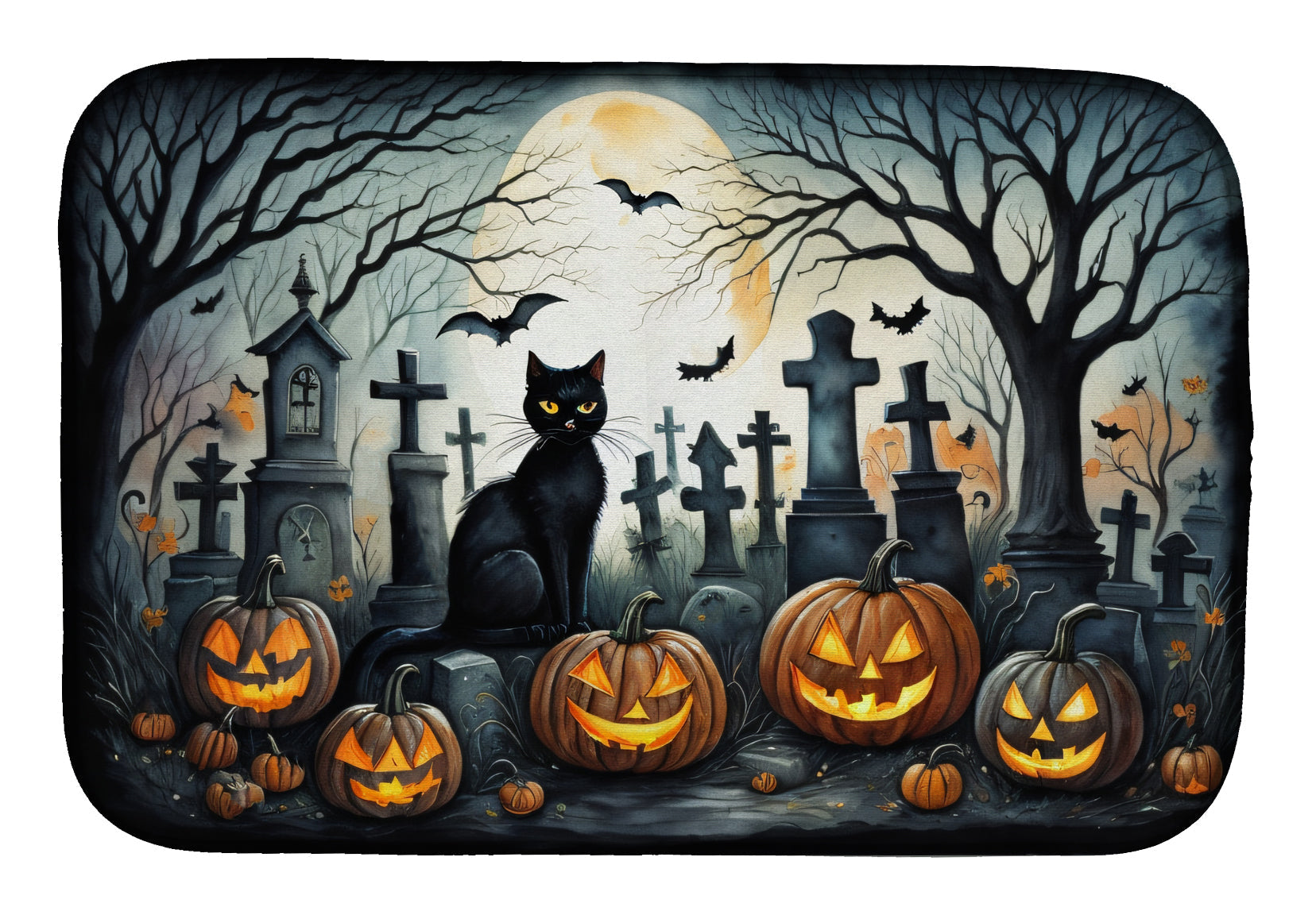 Black Cat Spooky Halloween Dish Drying Mat Absorbent Dish Drying Mat Pad for Kitchen Counter Dish Drainer Mat for Countertop, 14 x 21", Multicolor