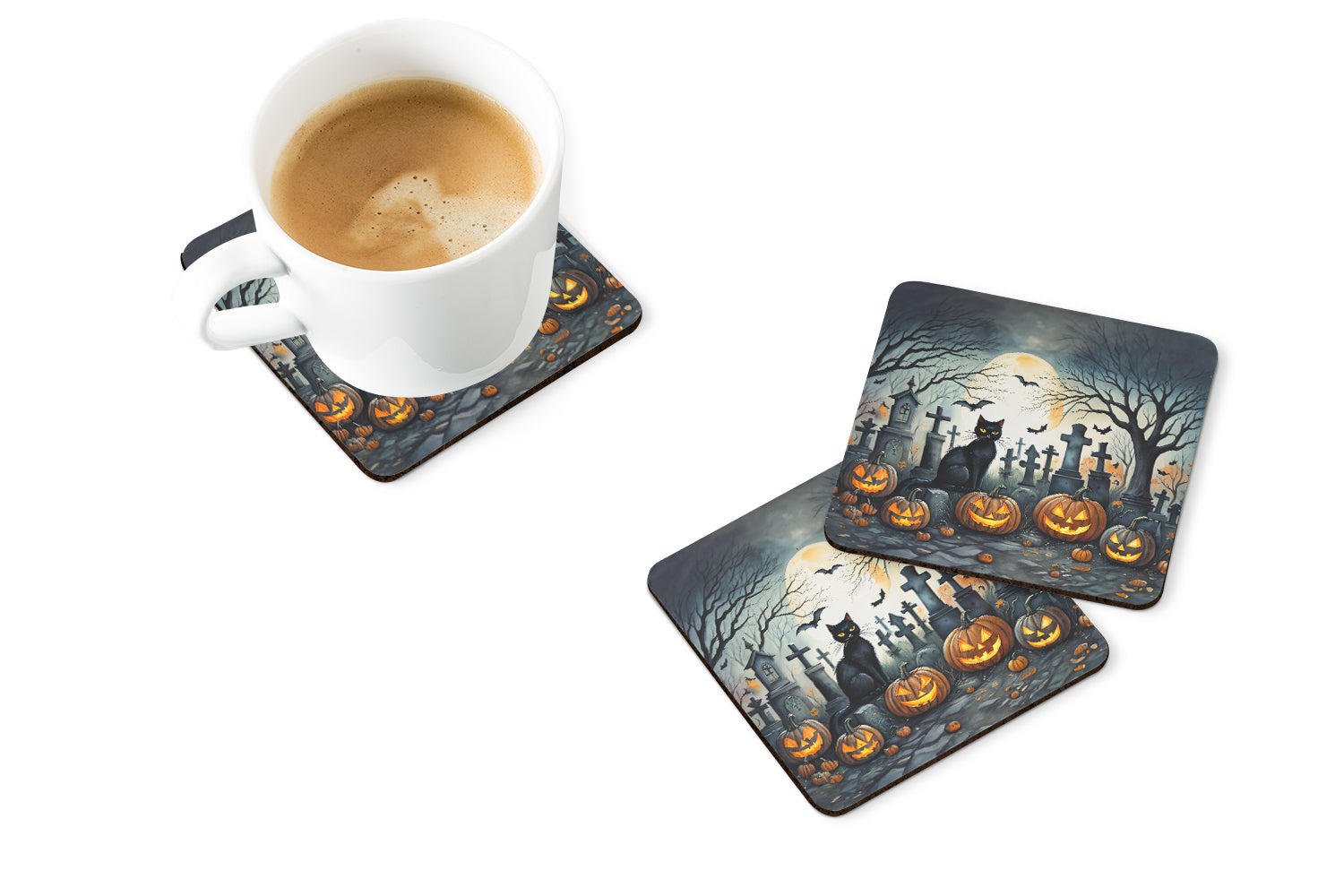 Black Cat Spooky Halloween Foam Coasters Set of 4 Cup Coasters for Indoor Outdoor, Tabletop Protection, Anti Slip, Mouse pad Material