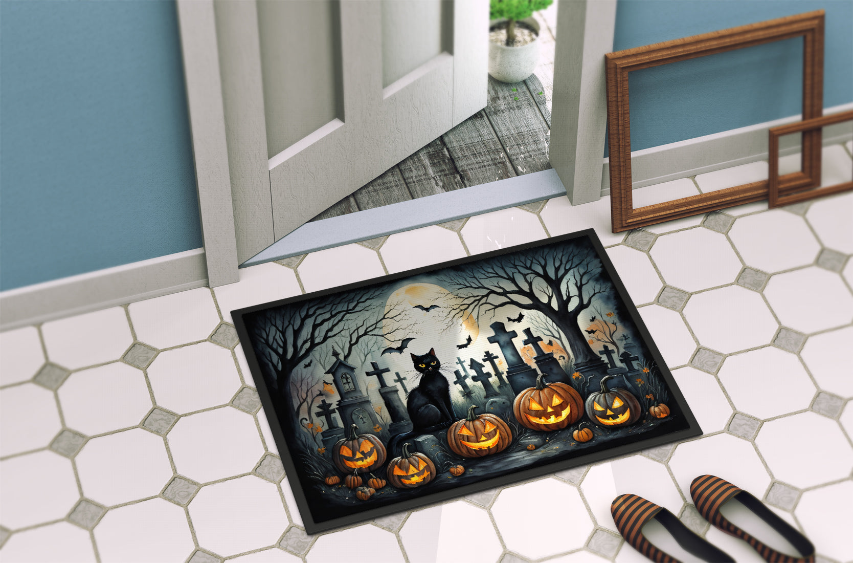 Black Cat Spooky Halloween Doormat Indoor Outdoor 24H X 36W Front Door Mat Rugs for Entryway, Non Slip Washable Low Pile,