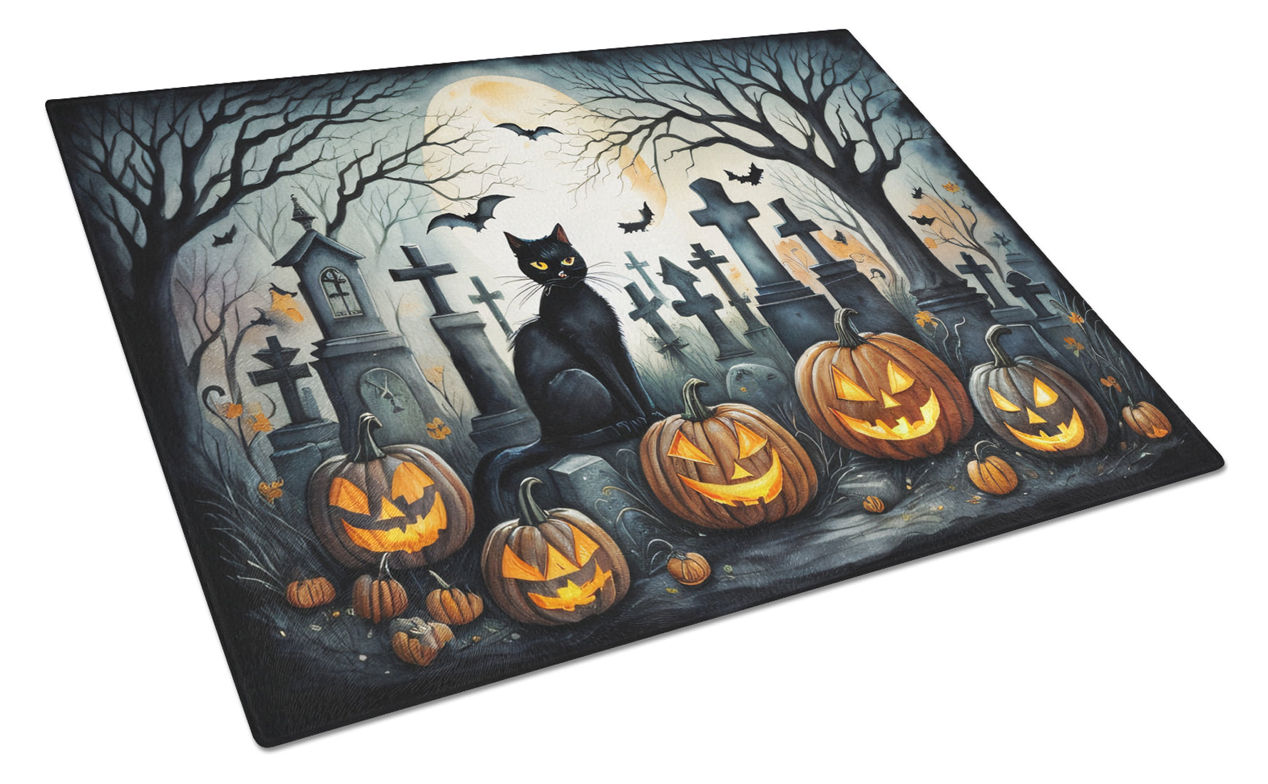 Black Cat Spooky Halloween Cutting Board Tempered Glass Kitchen Cutting Surface, Heat Resistant Chopping, Non-Slip Feet, Food Prep & Serving