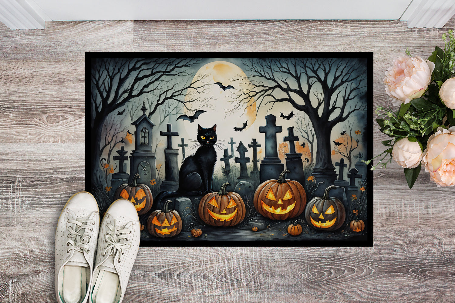 Black Cat Spooky Halloween Doormat Indoor Outdoor 18H X 27W Front Door Mat Rugs for Entryway, Non Slip Washable