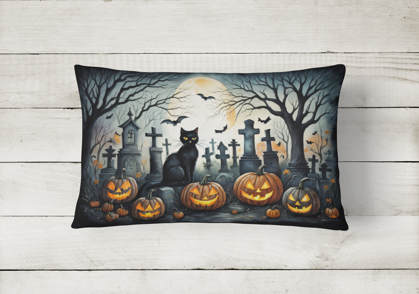 Black Cat Spooky Halloween Decorative Throw Pillow 12x16 Indoor Outdoor Accent Cushion, Fabric Cover with Insert for Sofa, Bed, Porch & Living Room