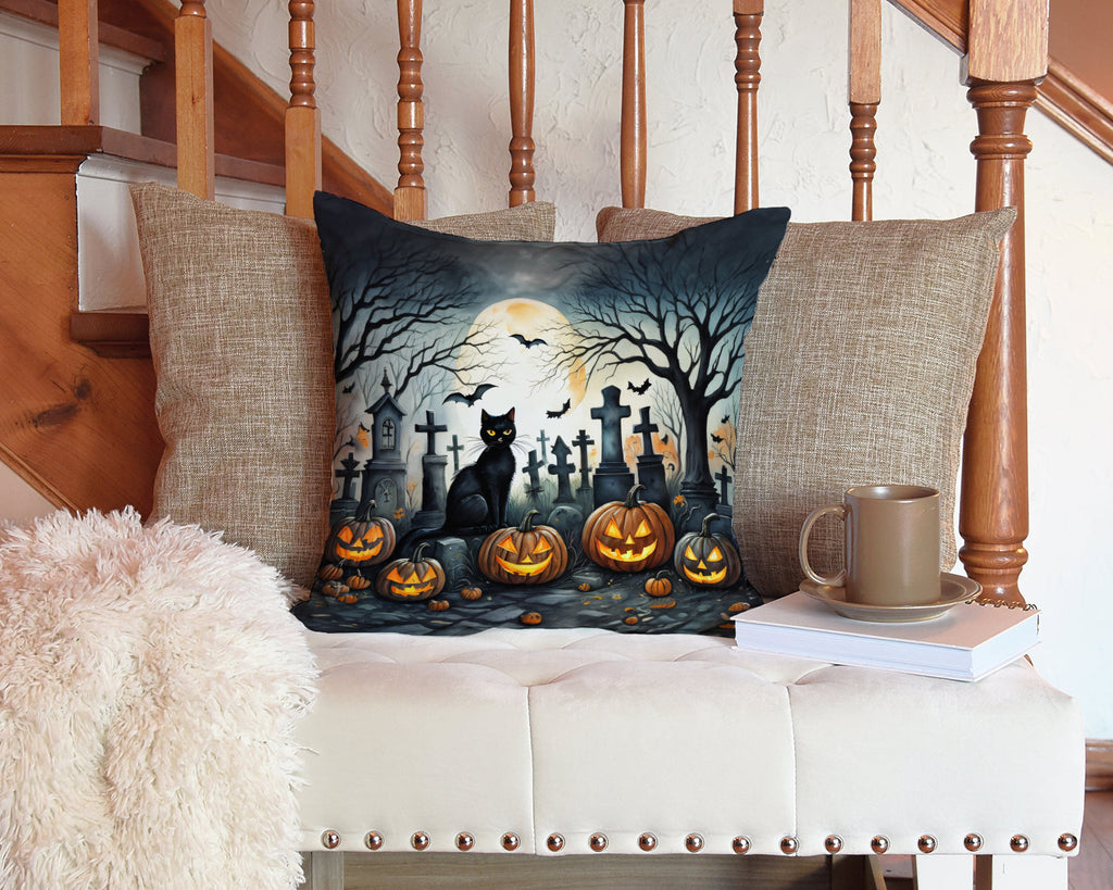 Black Cat Spooky Halloween Decorative Throw Pillow 14x14 Indoor Outdoor Accent Cushion, Fabric Cover with Insert for Sofa, Bed, Porch & Living Room