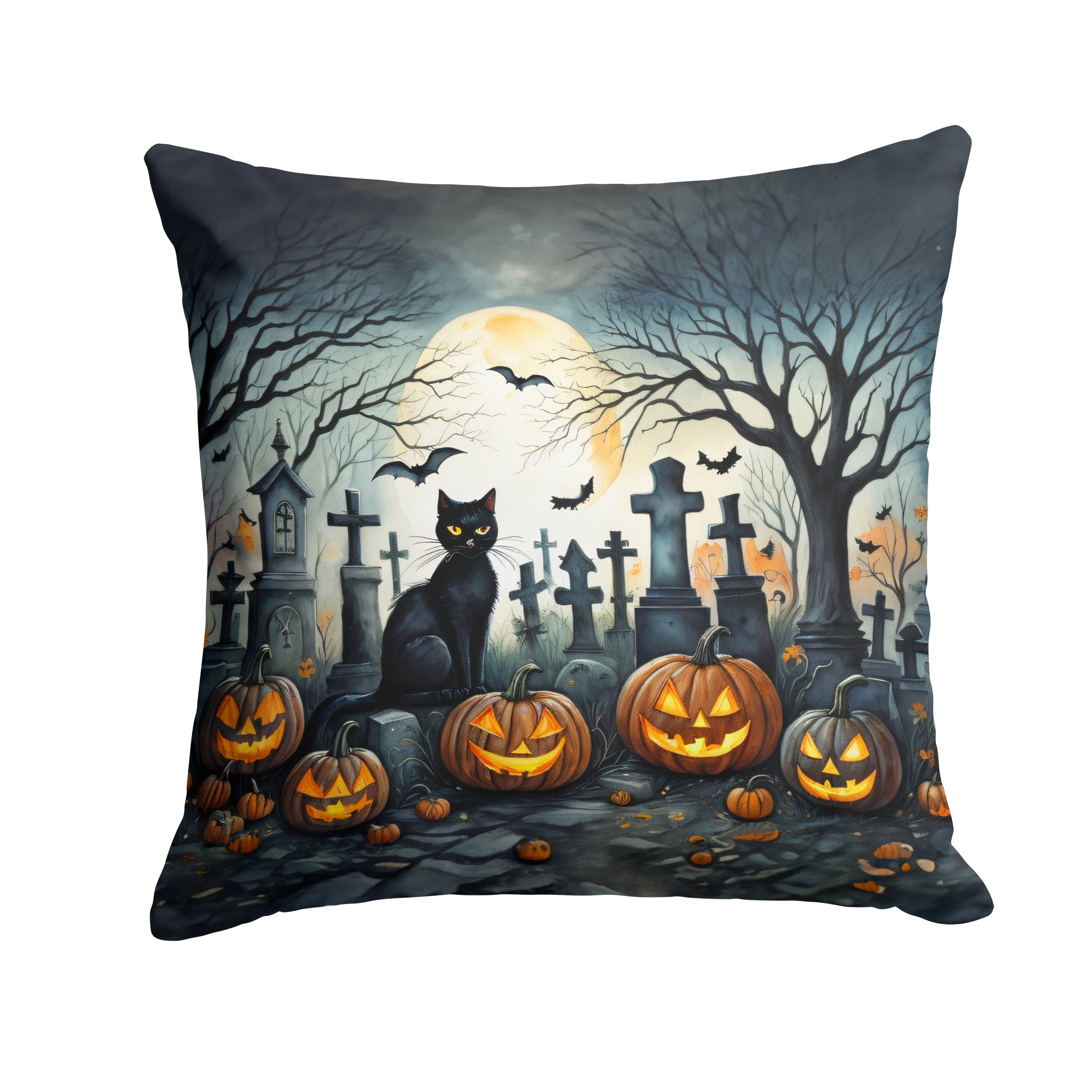 Black Cat Spooky Halloween Decorative Throw Pillow 18x18 Indoor Outdoor Accent Cushion, Fabric Cover with Insert for Sofa, Bed, Porch & Living Room