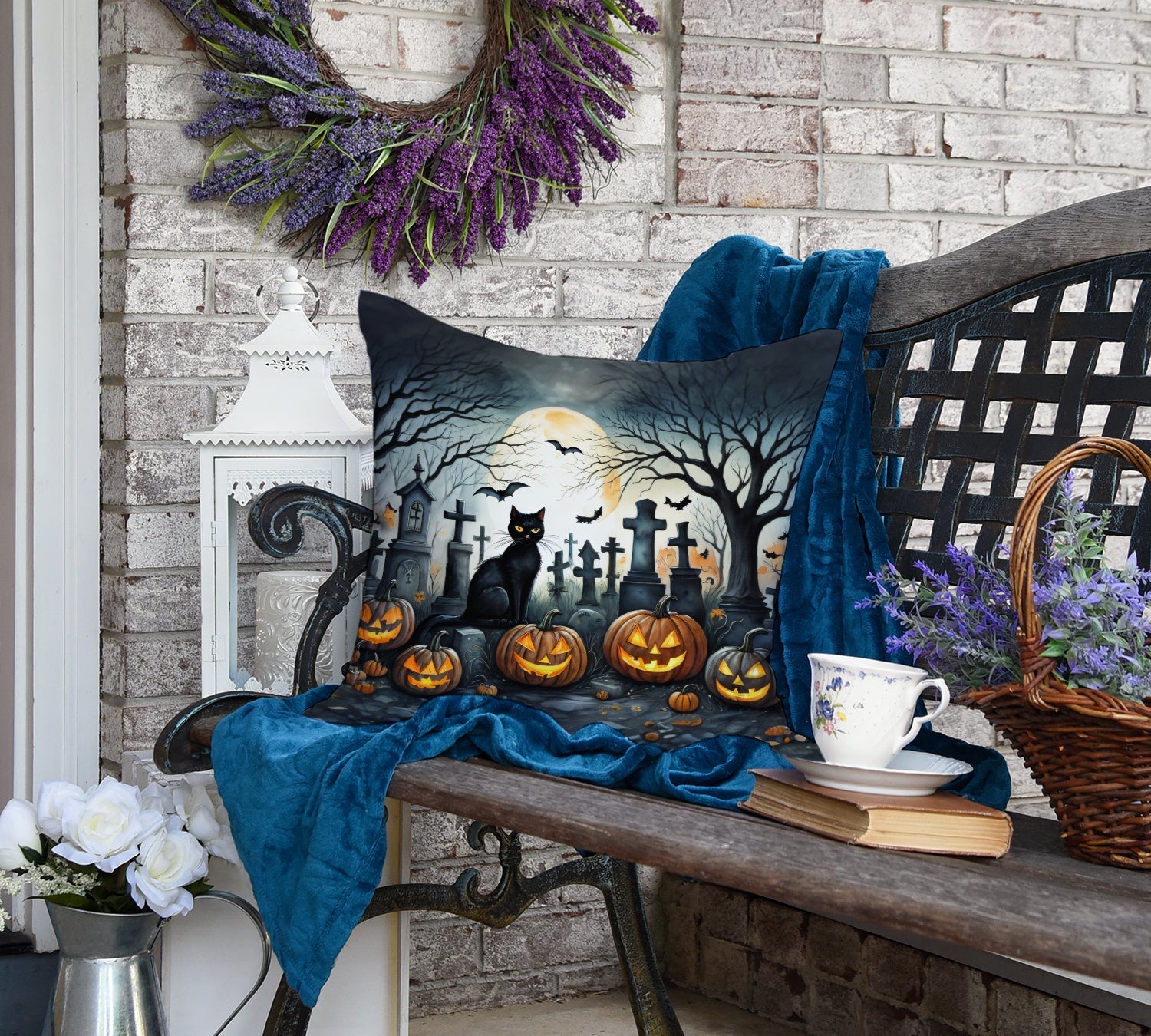 Black Cat Spooky Halloween Decorative Throw Pillow 18x18 Indoor Outdoor Accent Cushion, Fabric Cover with Insert for Sofa, Bed, Porch & Living Room