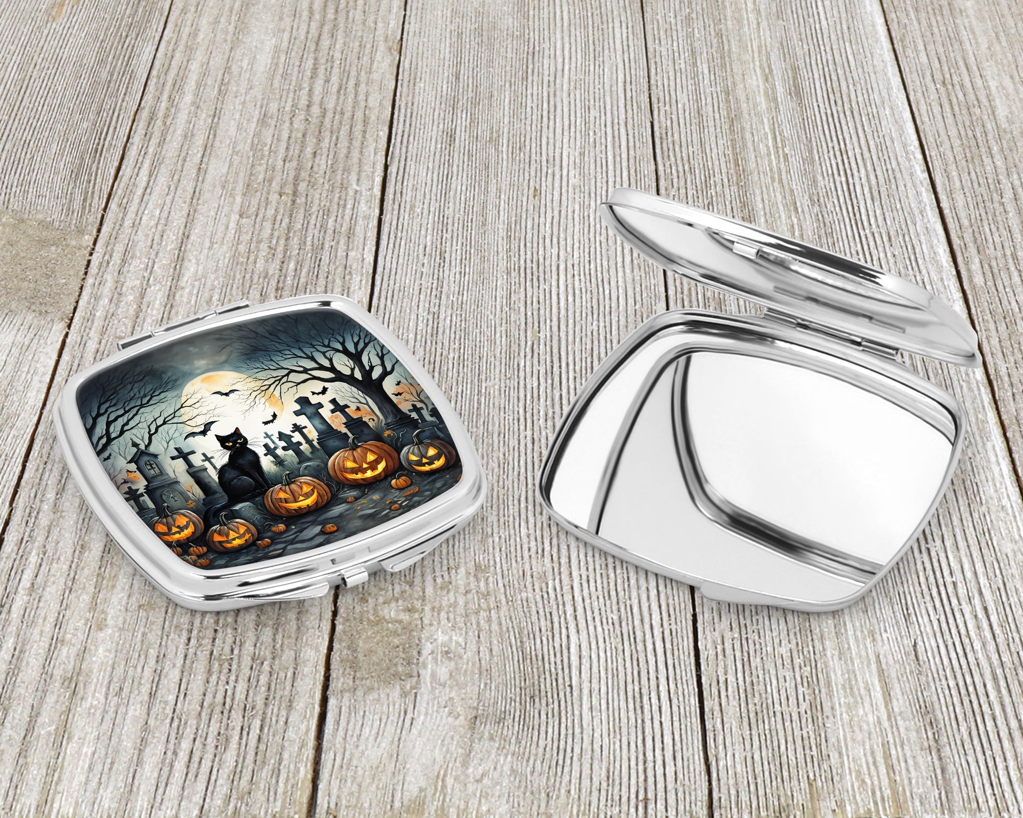 Black Cat Spooky Halloween Compact Mirror Decorative Travel Makeup Mirror for Women Girls Gifts Pocket Makeup Mirror Folding Handheld