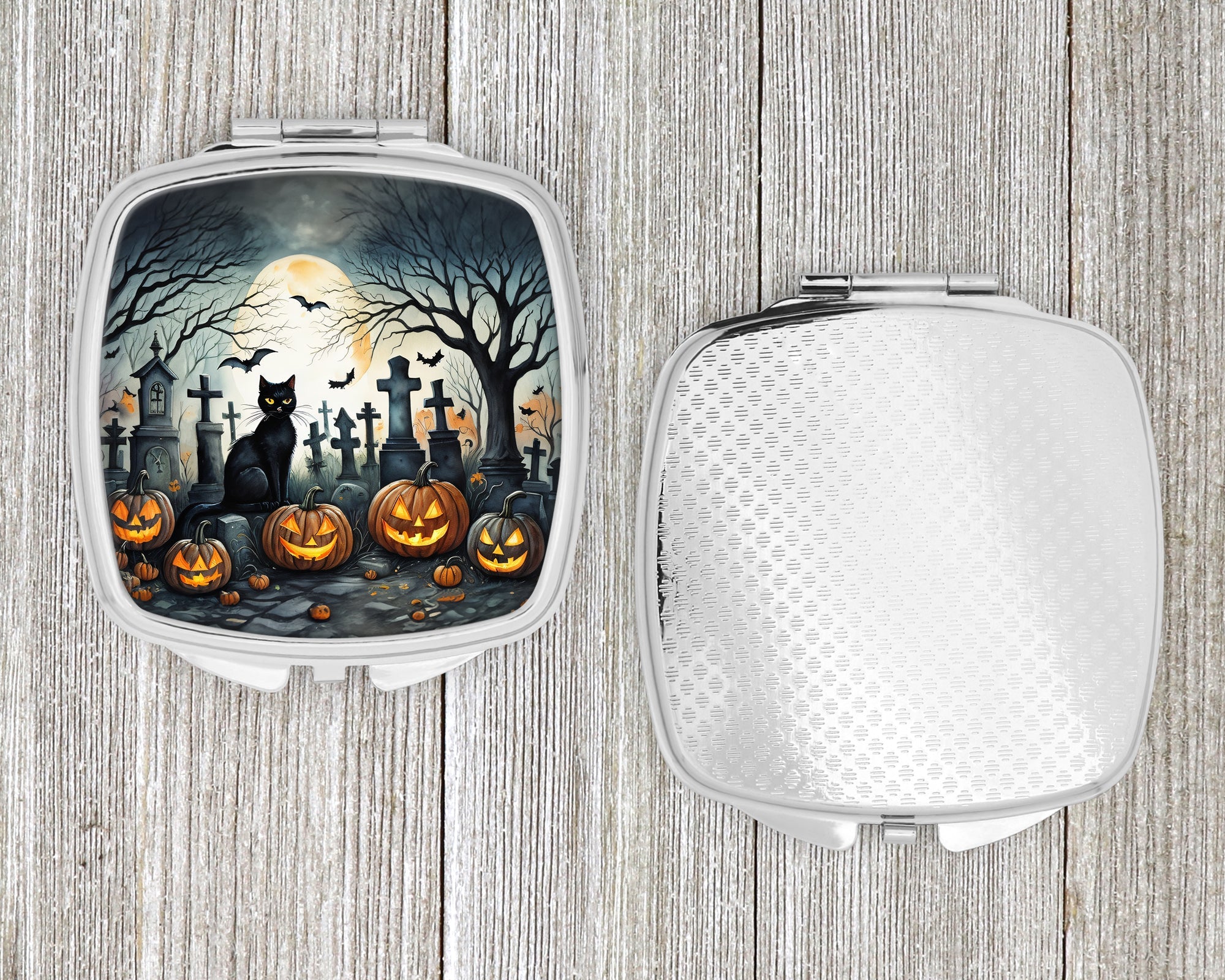 Black Cat Spooky Halloween Compact Mirror Decorative Travel Makeup Mirror for Women Girls Gifts Pocket Makeup Mirror Folding Handheld