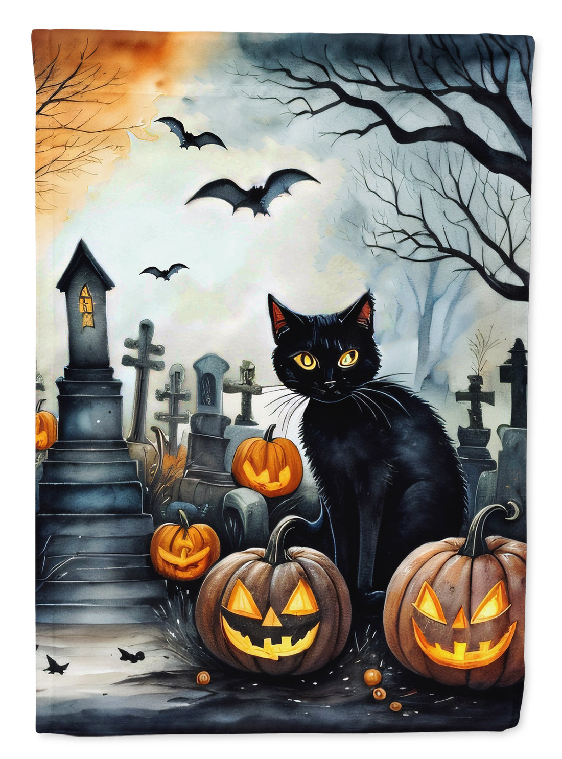 Black Cat Spooky Halloween House Flag 28x40 Porch Sleeve Pole Decorative Outside Yard Banner Artwork Wall Hanging, Polyester