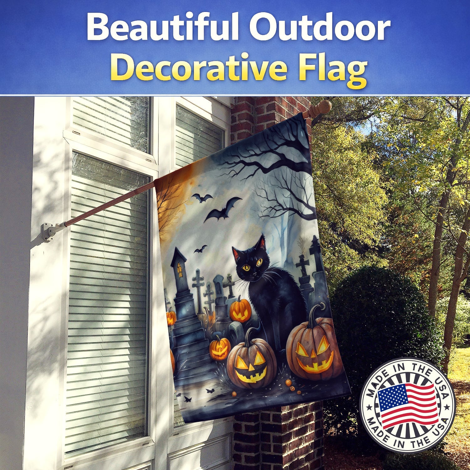 Black Cat Spooky Halloween House Flag 28x40 Porch Sleeve Pole Decorative Outside Yard Banner Artwork Wall Hanging, Polyester