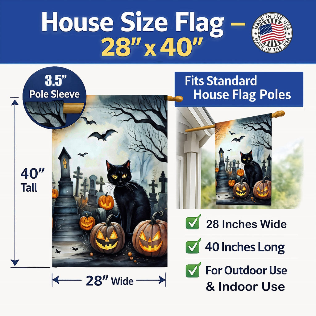 Black Cat Spooky Halloween House Flag 28x40 Porch Sleeve Pole Decorative Outside Yard Banner Artwork Wall Hanging, Polyester