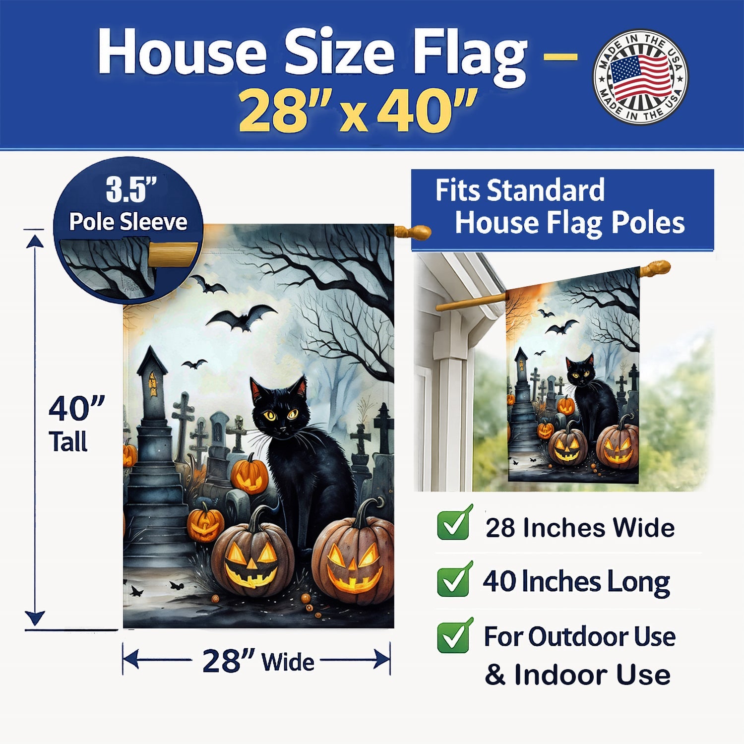 Black Cat Spooky Halloween House Flag 28x40 Porch Sleeve Pole Decorative Outside Yard Banner Artwork Wall Hanging, Polyester