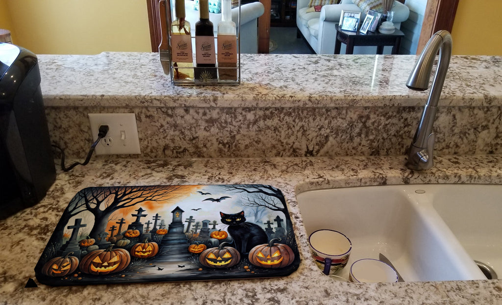 Black Cat Spooky Halloween Dish Drying Mat Absorbent Dish Drying Mat Pad for Kitchen Counter Dish Drainer Mat for Countertop, 14 x 21", Multicolor