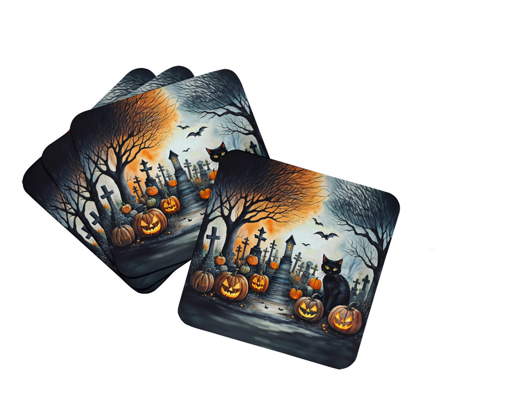 Black Cat Spooky Halloween Foam Coasters Set of 4 Cup Coasters for Indoor Outdoor, Tabletop Protection, Anti Slip, Mouse pad Material