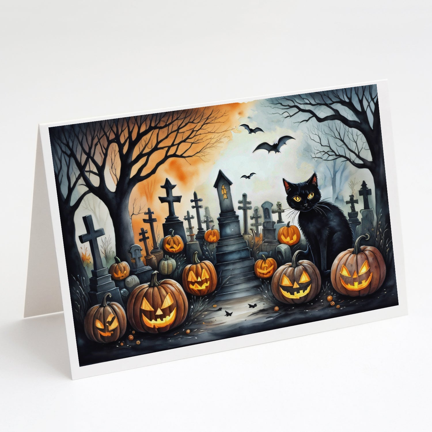 Black Cat Spooky Halloween Greeting Cards Pack of 8 Blank Cards with Envelopes Whimsical A7 Size 5x7
