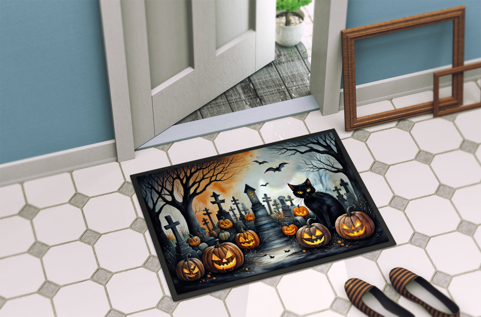 Black Cat Spooky Halloween Doormat Indoor Outdoor 24H X 36W Front Door Mat Rugs for Entryway, Non Slip Washable Low Pile,